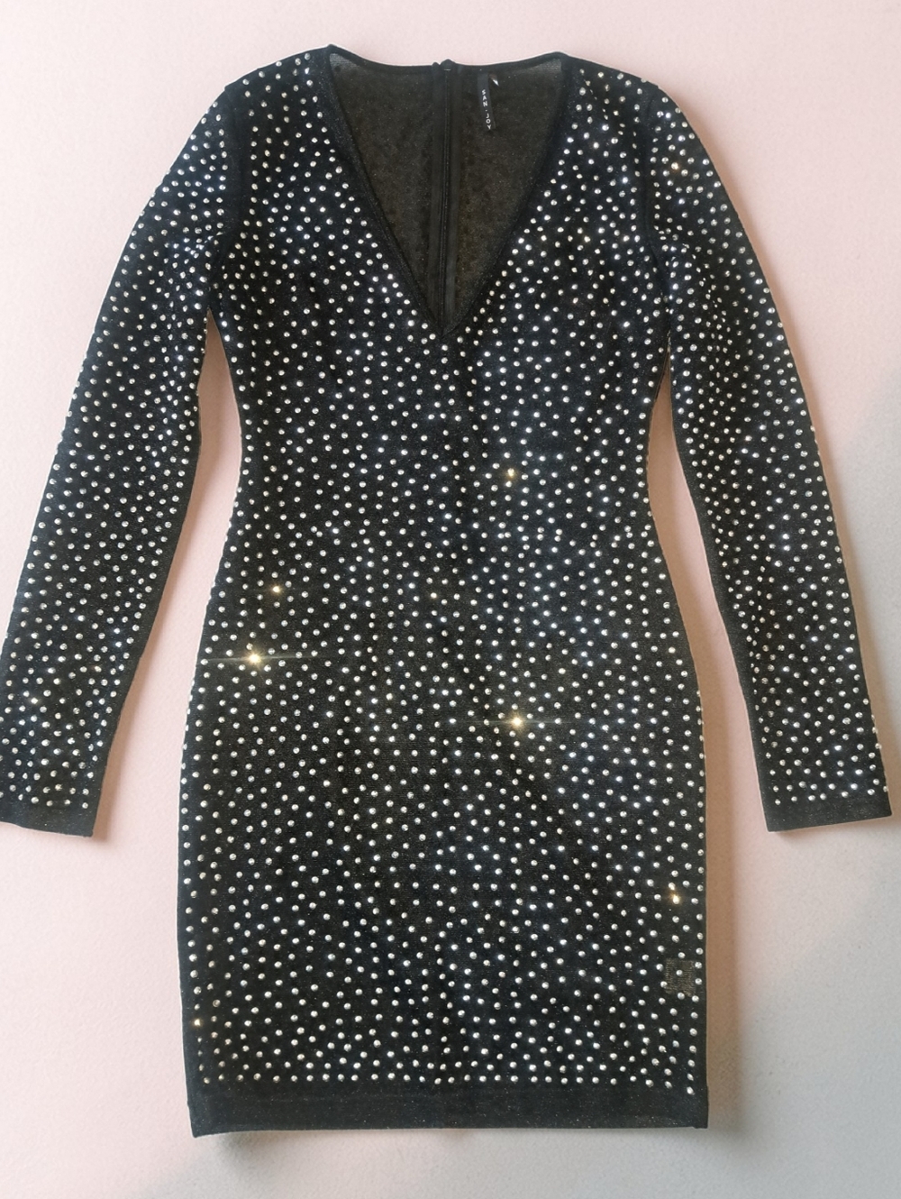 San Joy Night Sky Rhinestone Mesh Long Sleeve Mini Dress